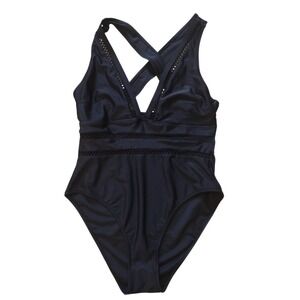 Unbranded Swimsuit Woman‎ Medium Black Criss Back Crochet Accents Deep Neckline